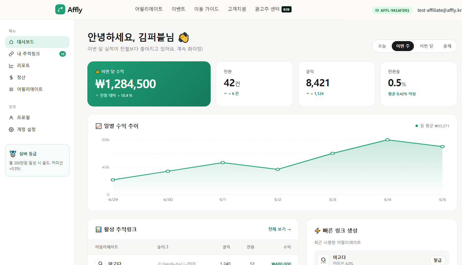 Affly 대시보드 — 이번 달 수익·전환·클릭·전환율 실시간 확인