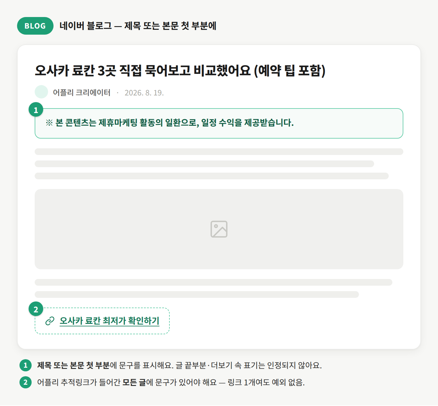 네이버 블로그 공정위 문구 표기 예시 — 제목 또는 본문 첫 부분에 문구, 제휴링크가 있는 모든 글에 표시